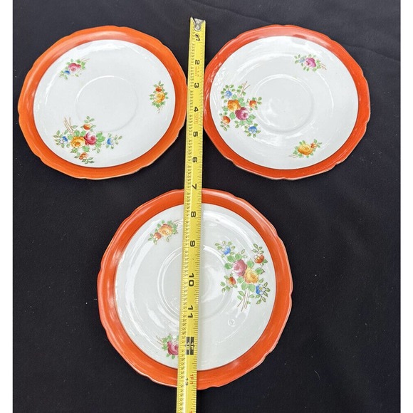 Hand Painted CORONATION CHINA From JAPAN Floral Saucers Red/Orangr TRIM - Picture 3 of 6